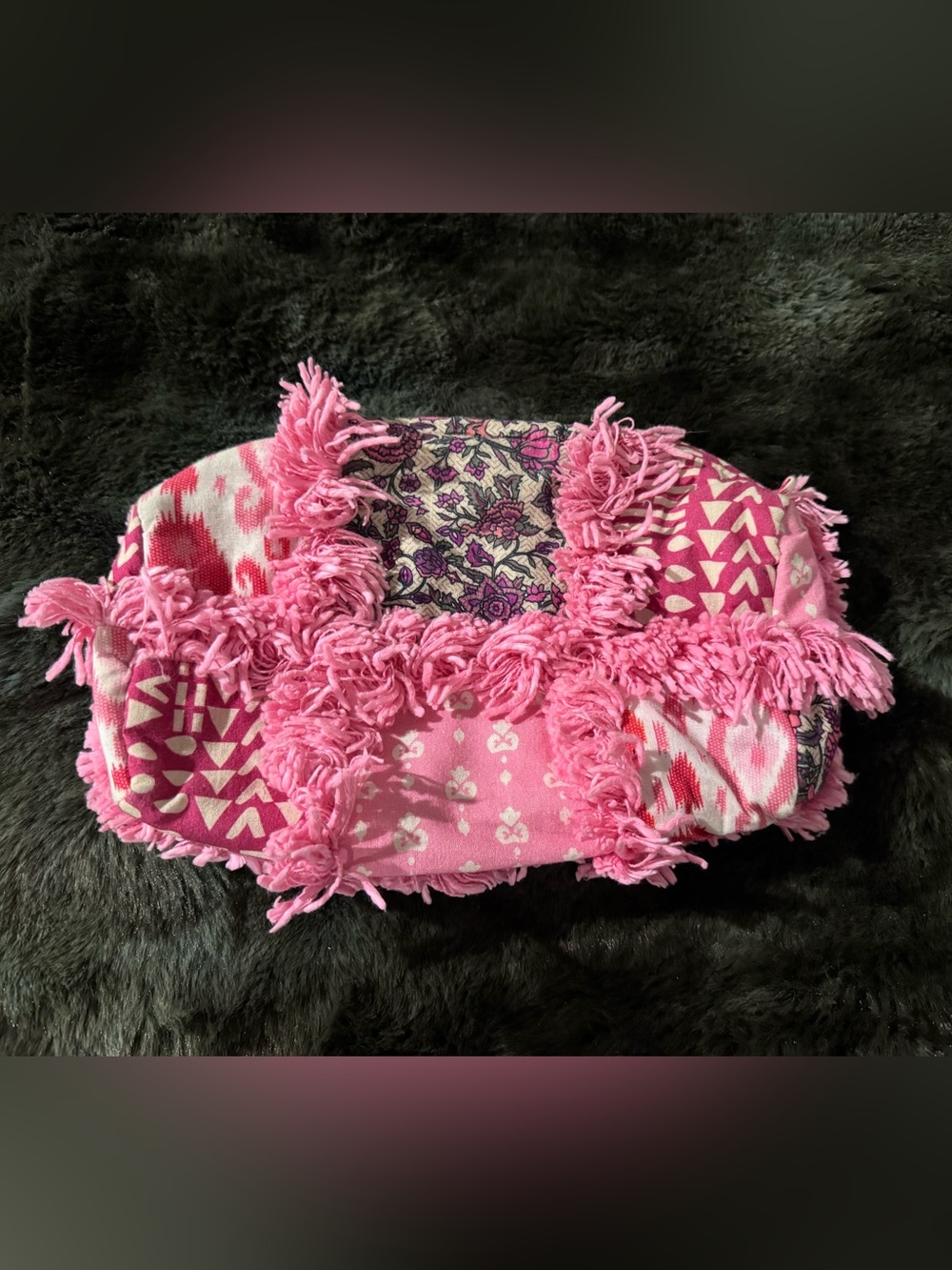 Anthropologie Pink Patchwork Shag Fringe Boho Clutch Bag